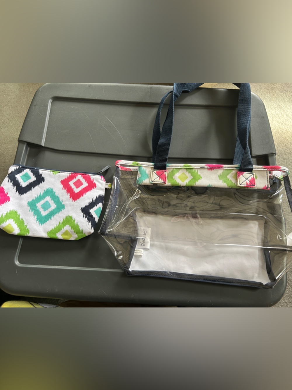 thirty-one Clear as Day Duo Tote with Navy Handles and Multicolor Diamond Pouch